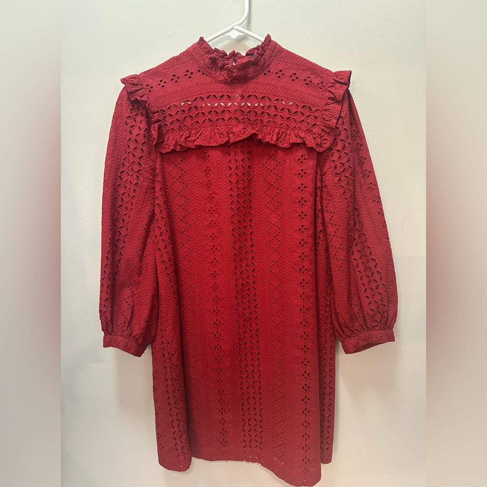 Madewell Red mock neck eyelet ruffle cotton dress. Women’s small